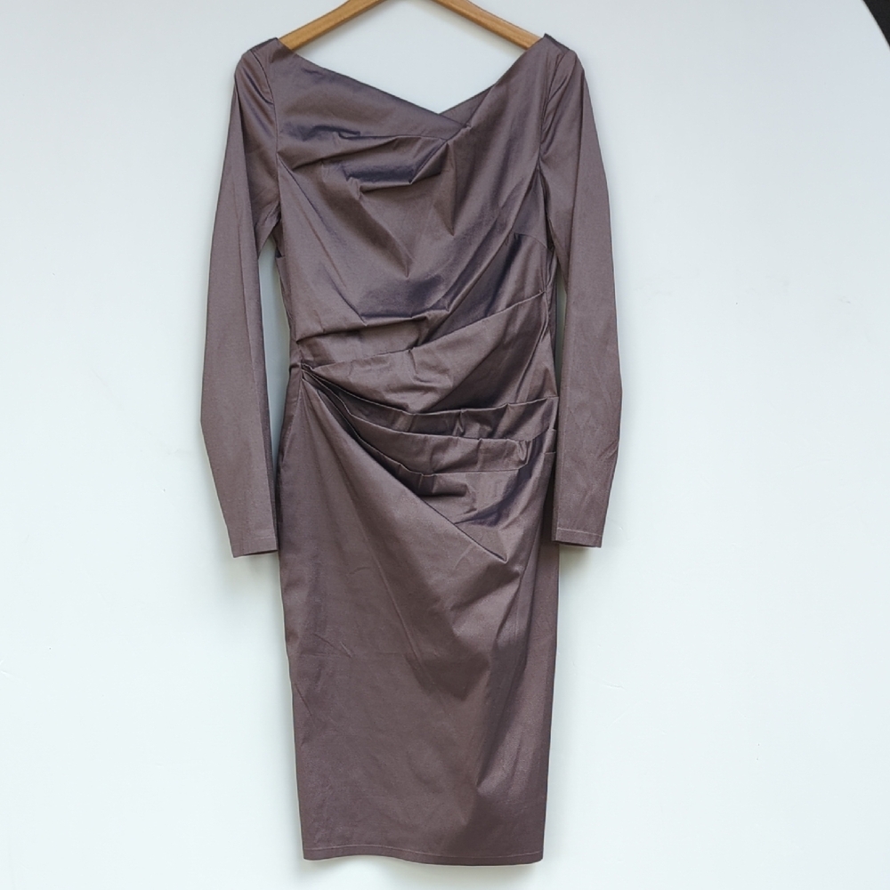 TALBOT RUNHOF Designer Dress Sz 12/42 Satin Ruched Long Sleeve Cocktail Metallic